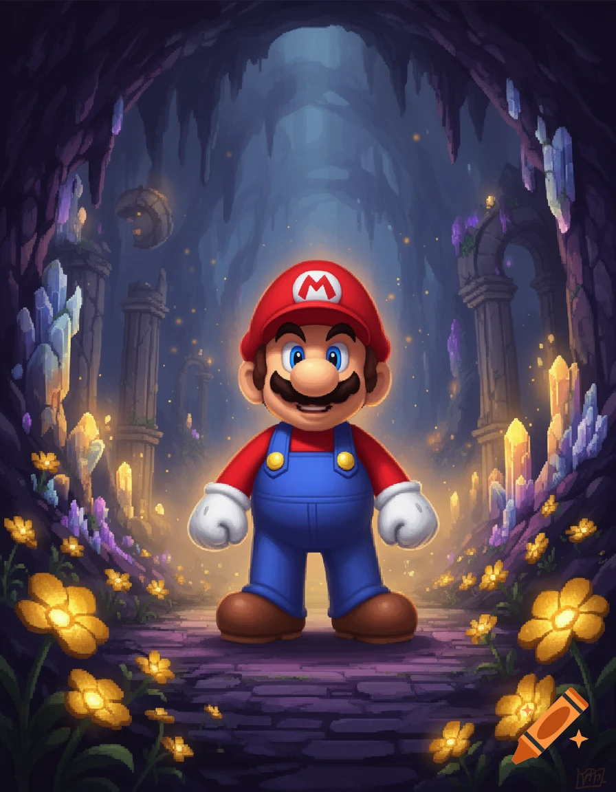 Digital illustration of Super Mario standing in a glowing underground cavern filled with purple crystals and yellow flowers.