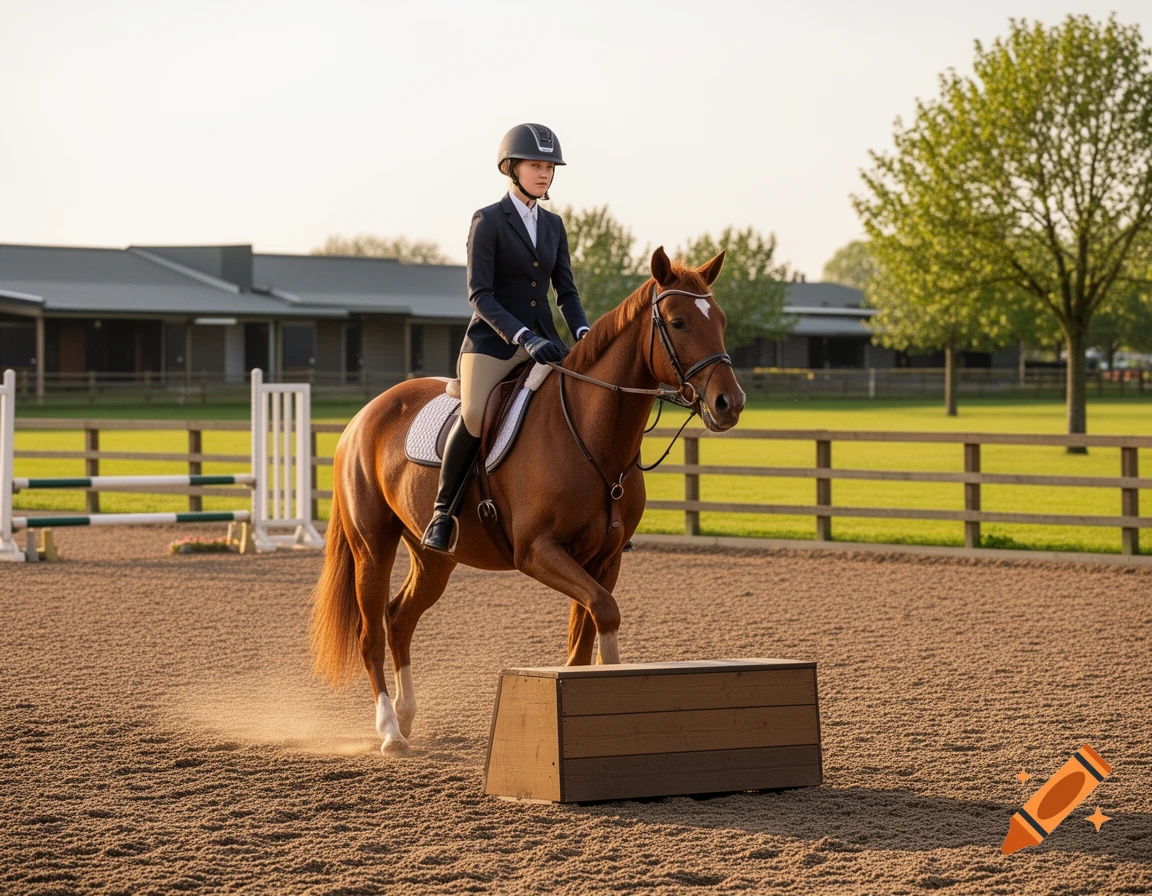 Photorealistic image of a young female rider in equestrian gear on a brown horse at a riding arena.