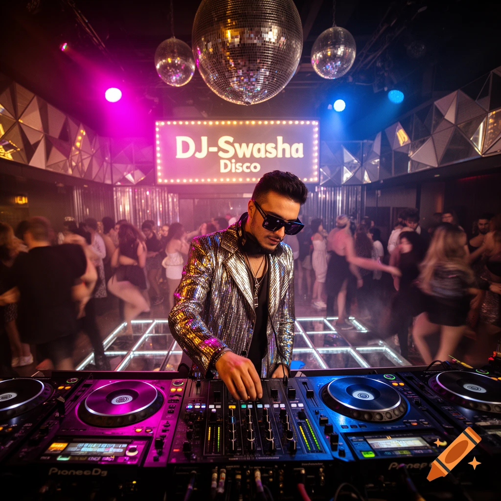 Photorealistic image of a male DJ with sunglasses wearing a sequined jacket, mixing music at a DJ console in a vibrant crowded disco club.