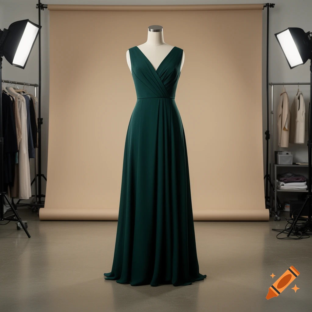 A deep green sleeveless dress on a mannequin in a photo studio setup with professional lighting.