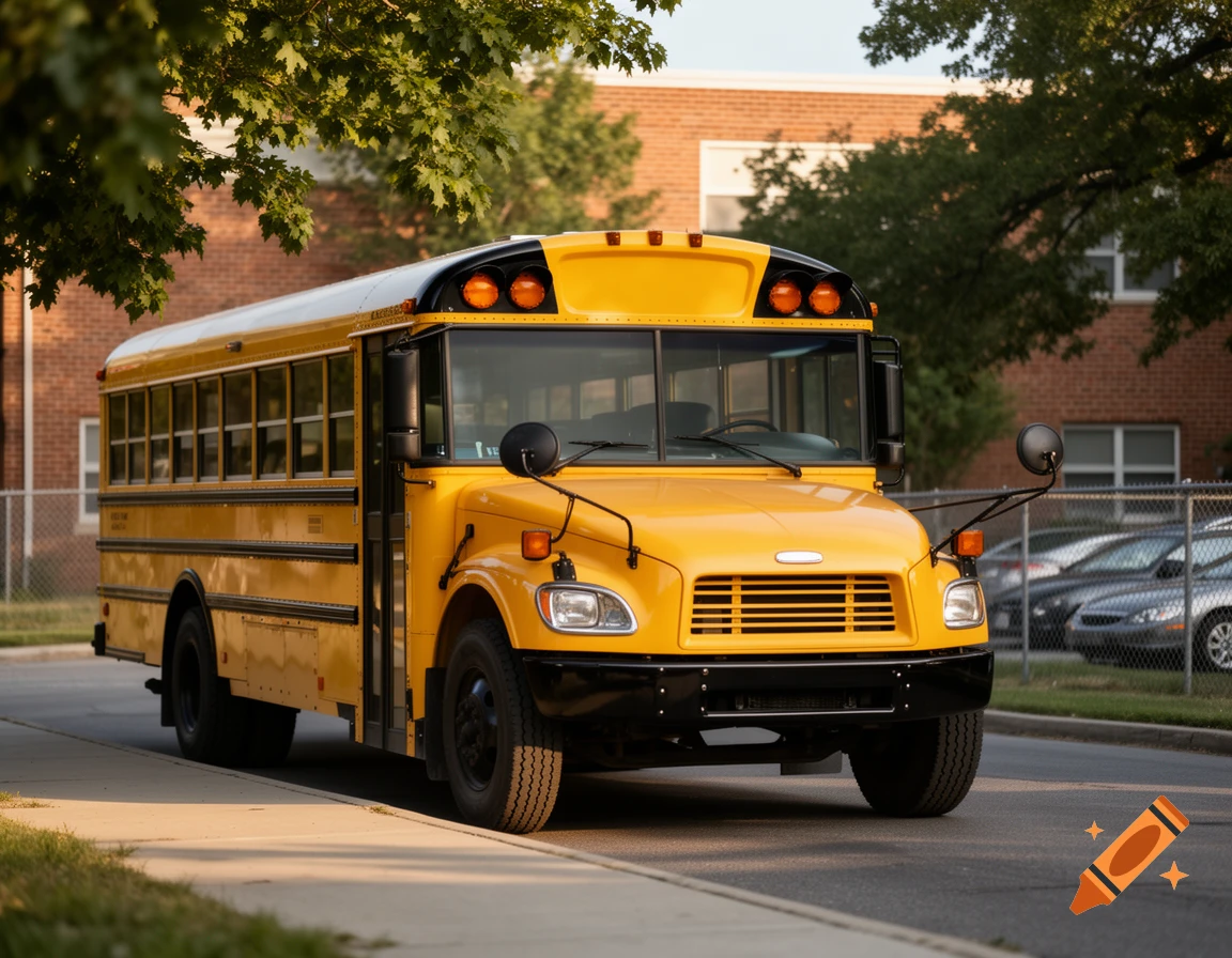 Photorealistic image of a yellow school bus parked on a street near a brick building.