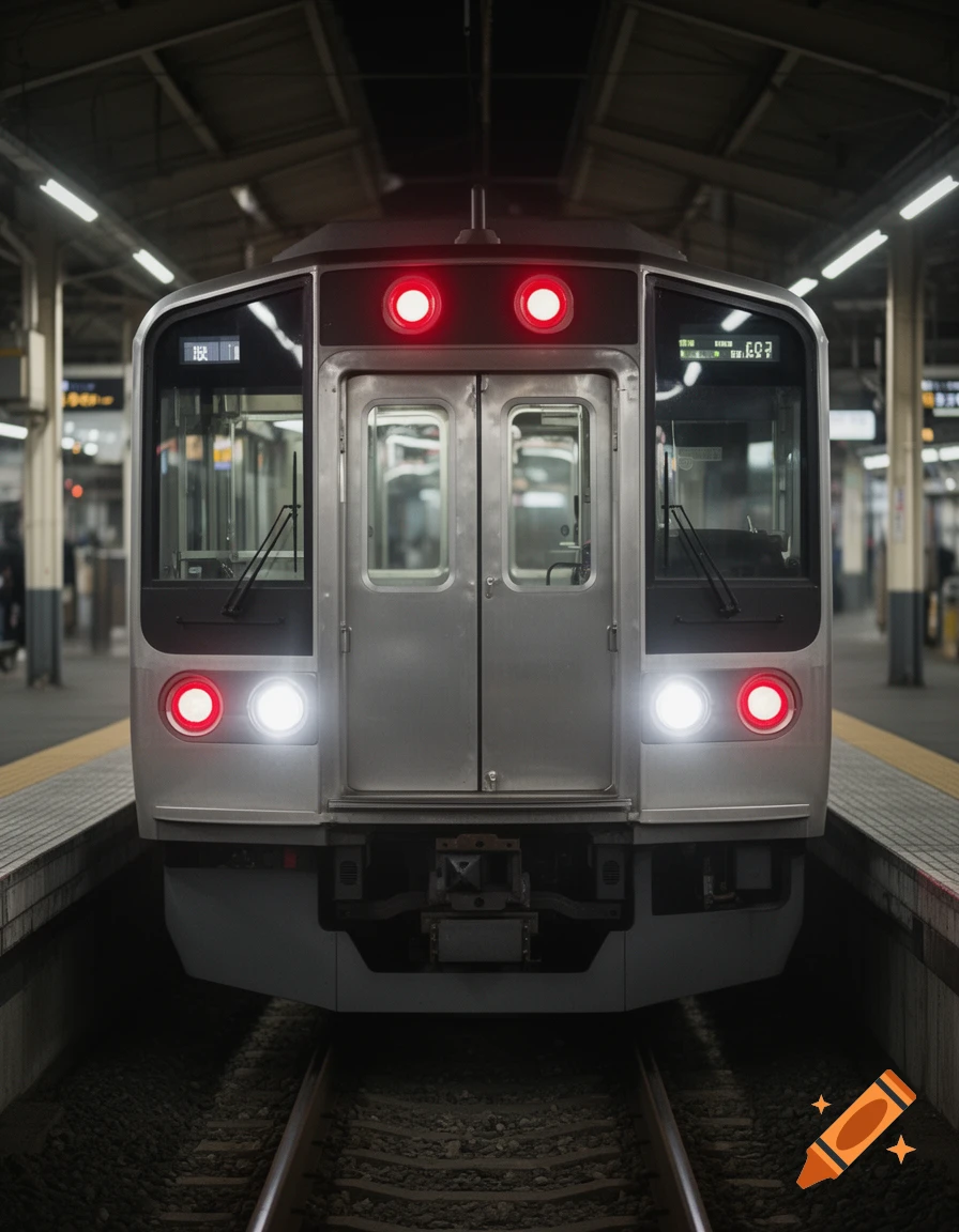 Photorealistic front view of a commuter train parked at a station platform, featuring glowing headlights and taillights.