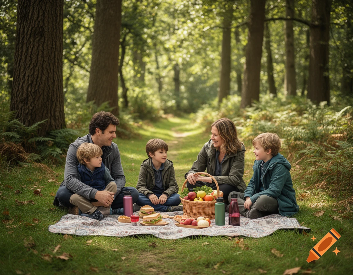 Photorealistic image of a family of four and two young children having a picnic on a blanket in a forest.