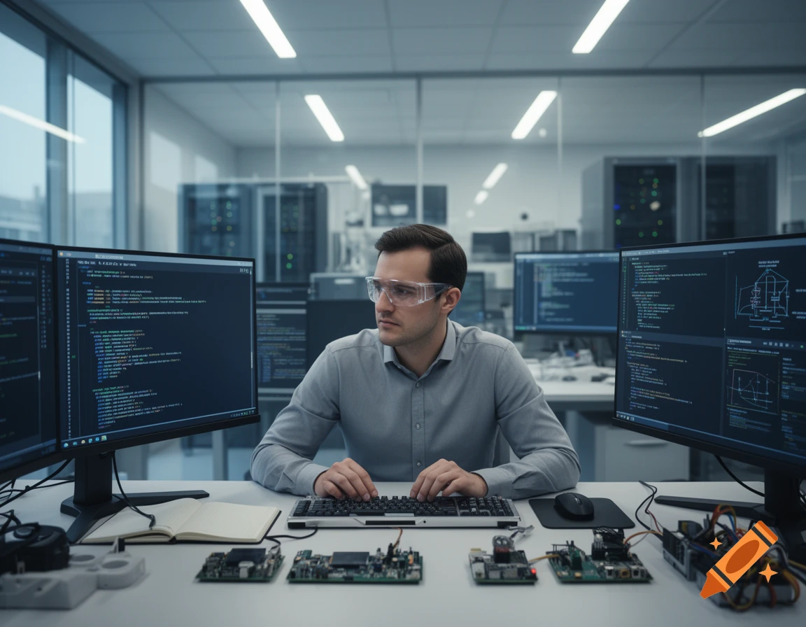 Photorealistic image of a computer scientist wearing safety glasses, typing on a keyboard surrounded by monitors showing code and electronic components.
