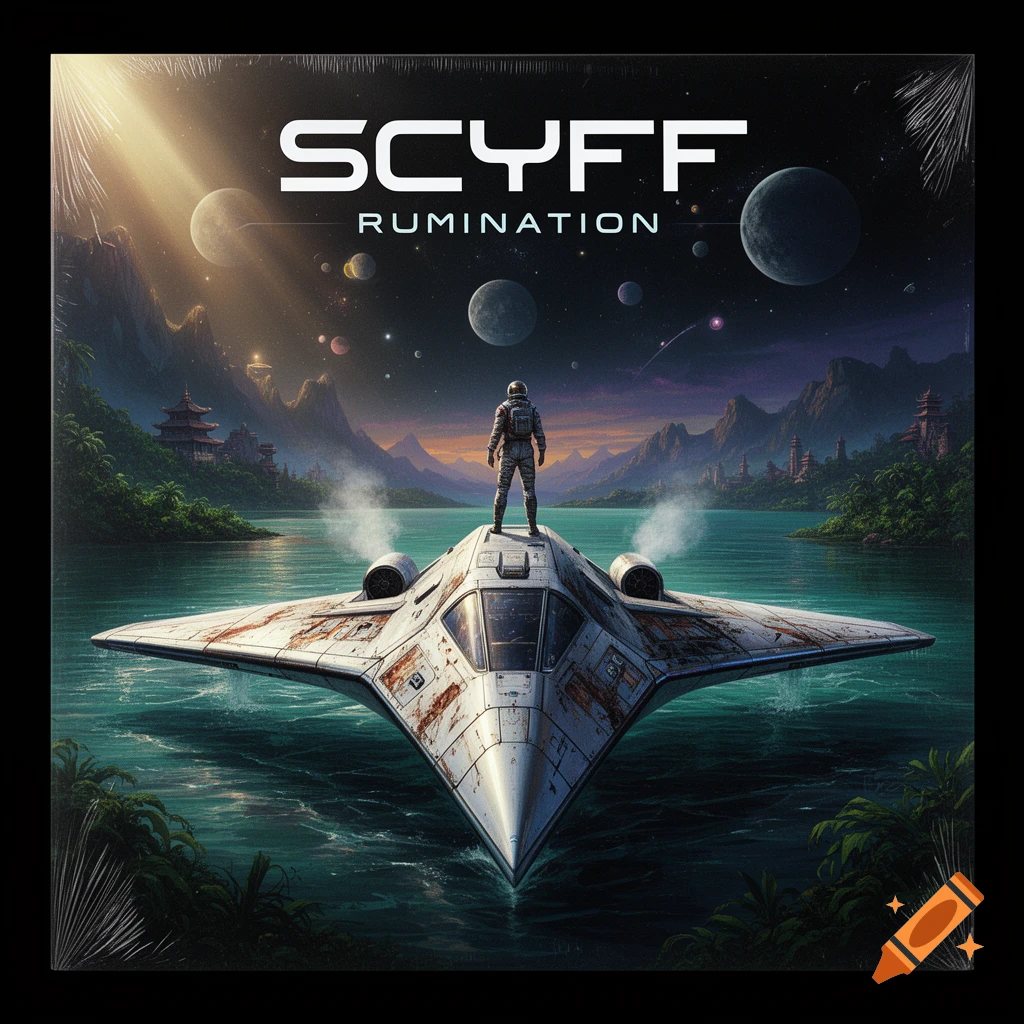 Vinyl LP album cover featuring a sleek white spacecraft on an alien water surface with an astronaut and mountains in the background.