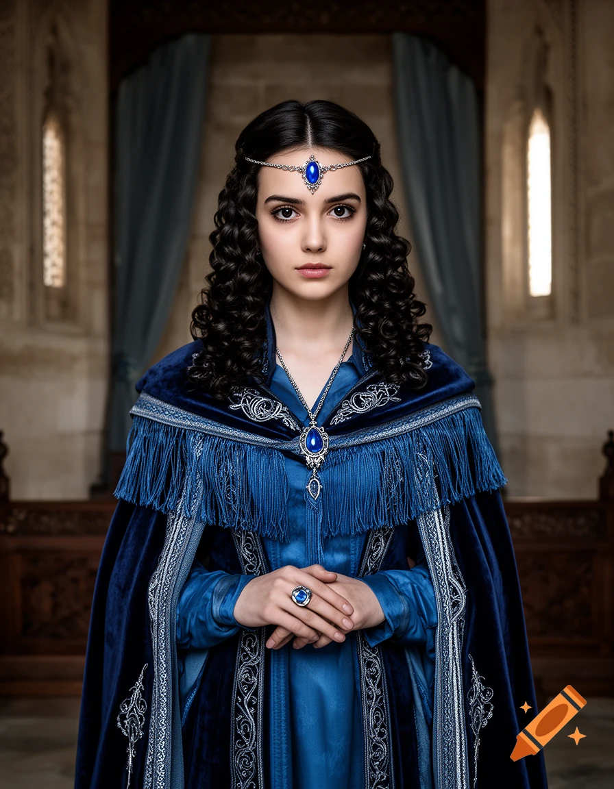 Photorealistic portrait of a young woman with dark ringlets wearing a blue velvet cloak and a sapphire forehead pendant inside a stone hall.