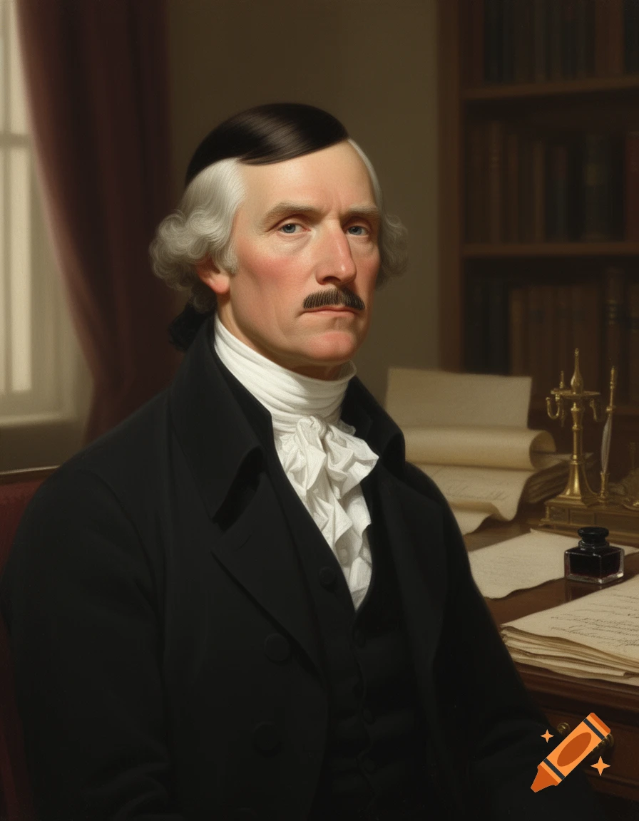 Oil painting style portrait of a man resembling Thomas Jefferson with a Hitler mustache and hair.