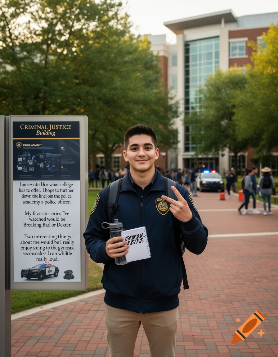 A young male student holding a water bottle and a notebook labeled Criminal Justice, standing in front of a campus building.