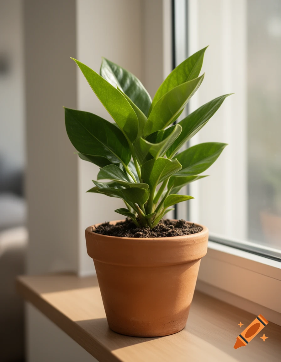 A photorealistic potted green plant sitting on a wooden windowsill next to a window.