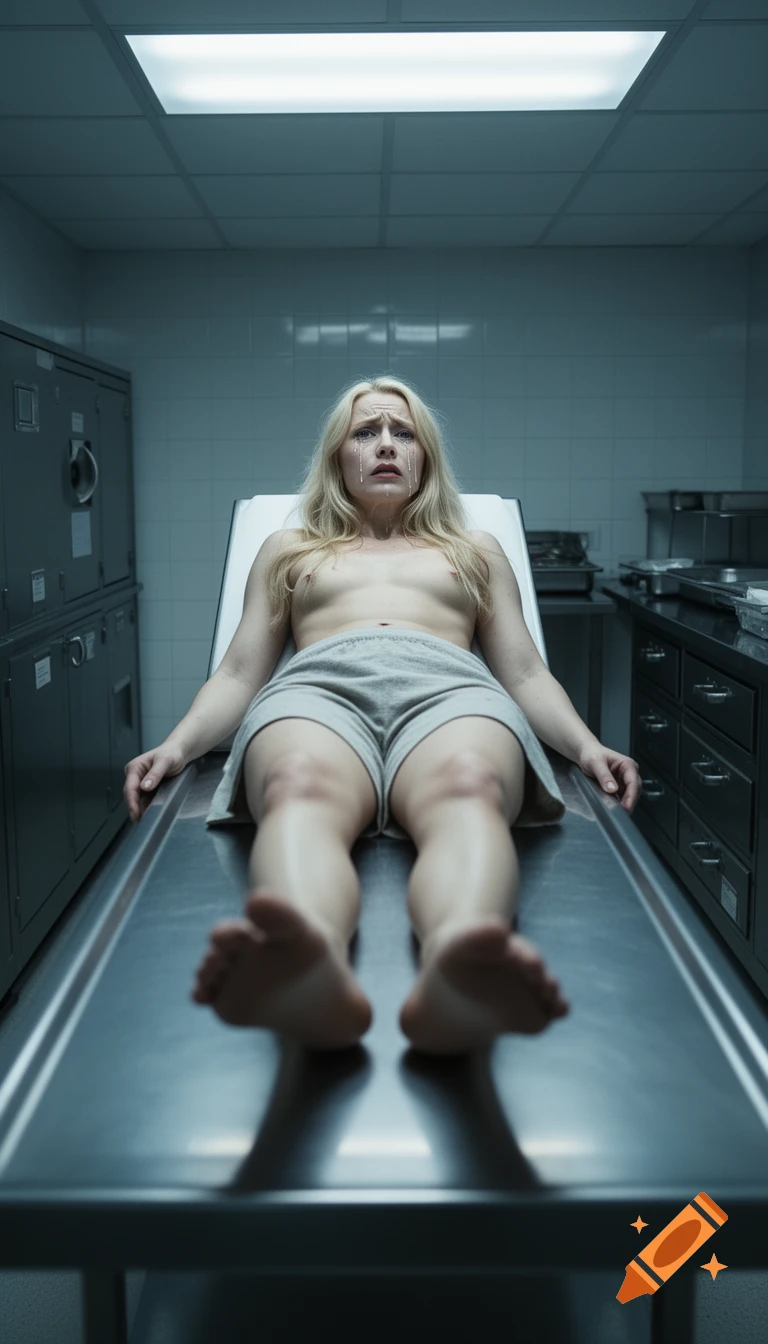 A terrified blonde woman with pale skin lying on a metal table in a morgue, crying, photorealistic style.