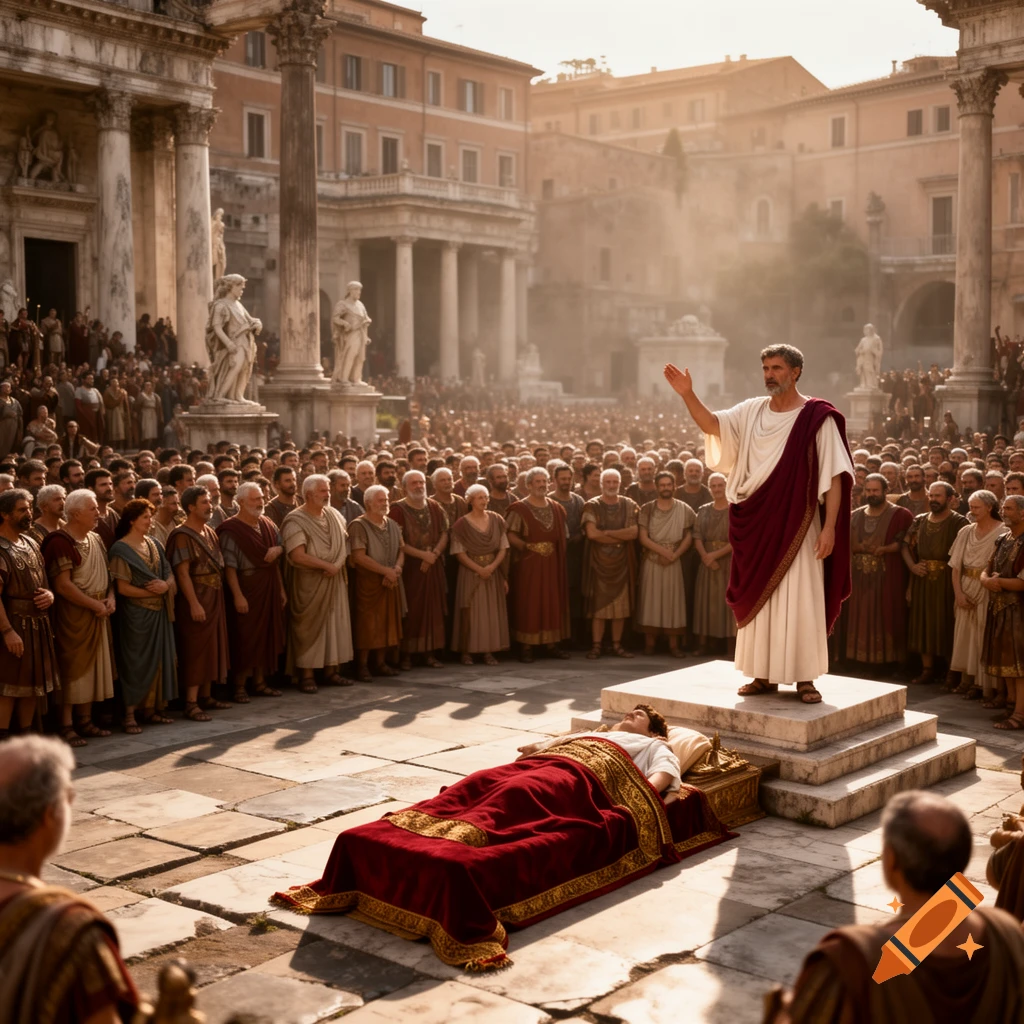 Photorealistic scene of a Roman orator speaking to a large crowd in a forum with a body draped in red on a bier.