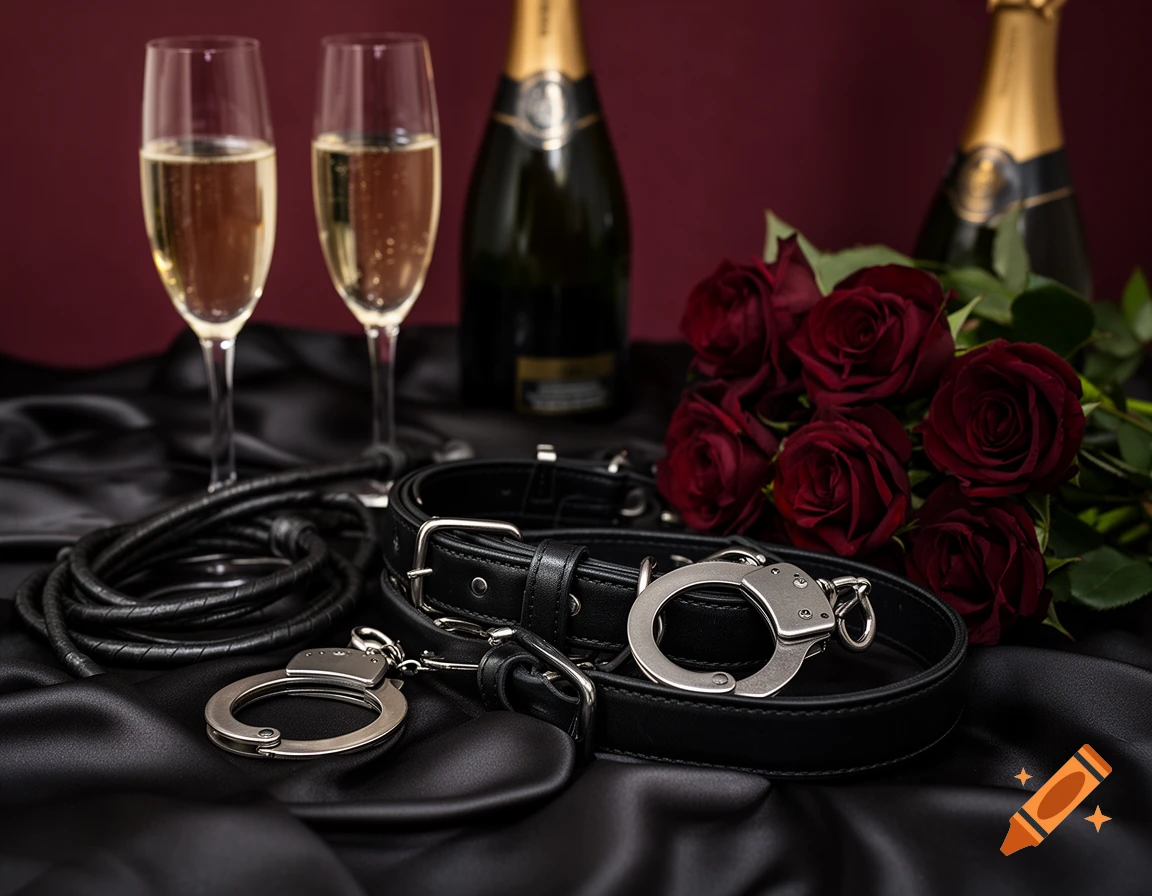 Photorealistic still life with leather handcuffs, a whip, a collar, dark red roses, and champagne glasses on dark satin.