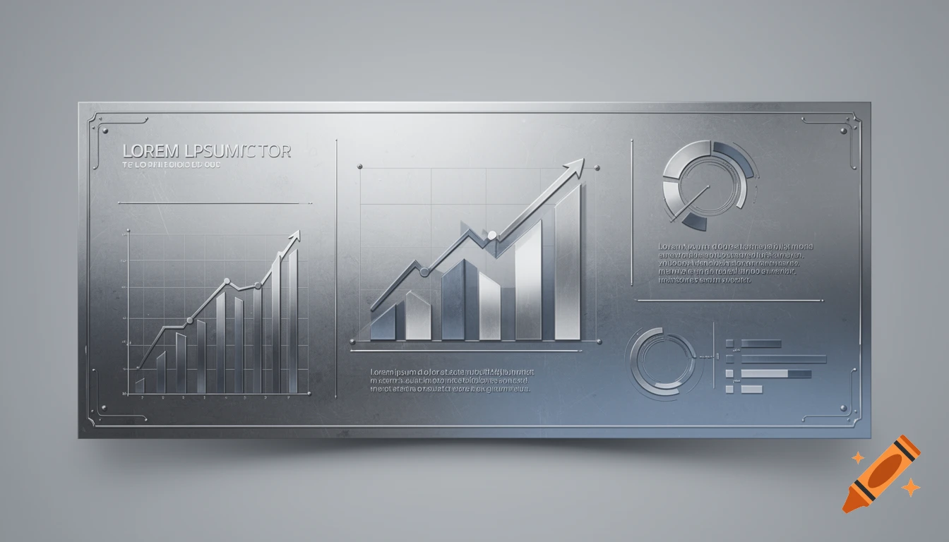 Metallic nickel banner featuring various financial charts, graphs, and pretend text.