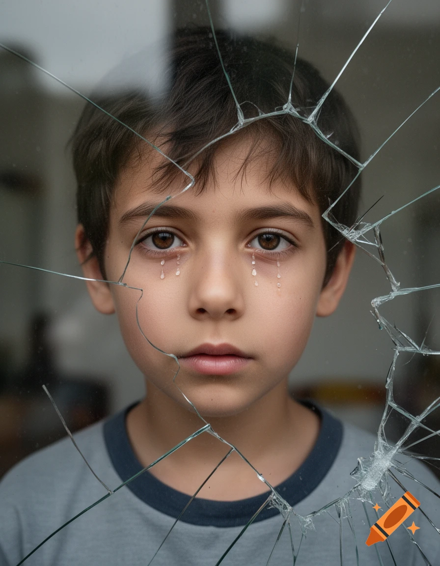 Close-up photorealistic portrait of a young boy with tears in his eyes looking through a cracked glass pane.