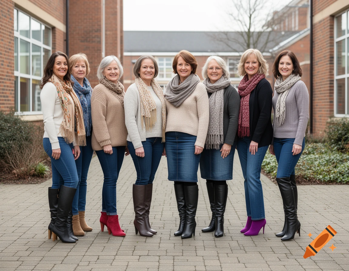 Photorealistic full-length group shot of eight women in winter attire and boots standing outside a brick building.