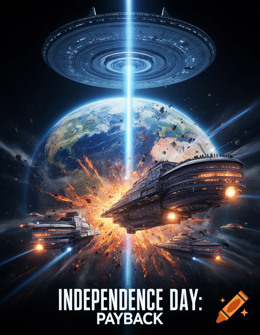 Movie poster for Independence Day: Payback showing Earth being destroyed by a UFO laser beam while massive colony ships escape.