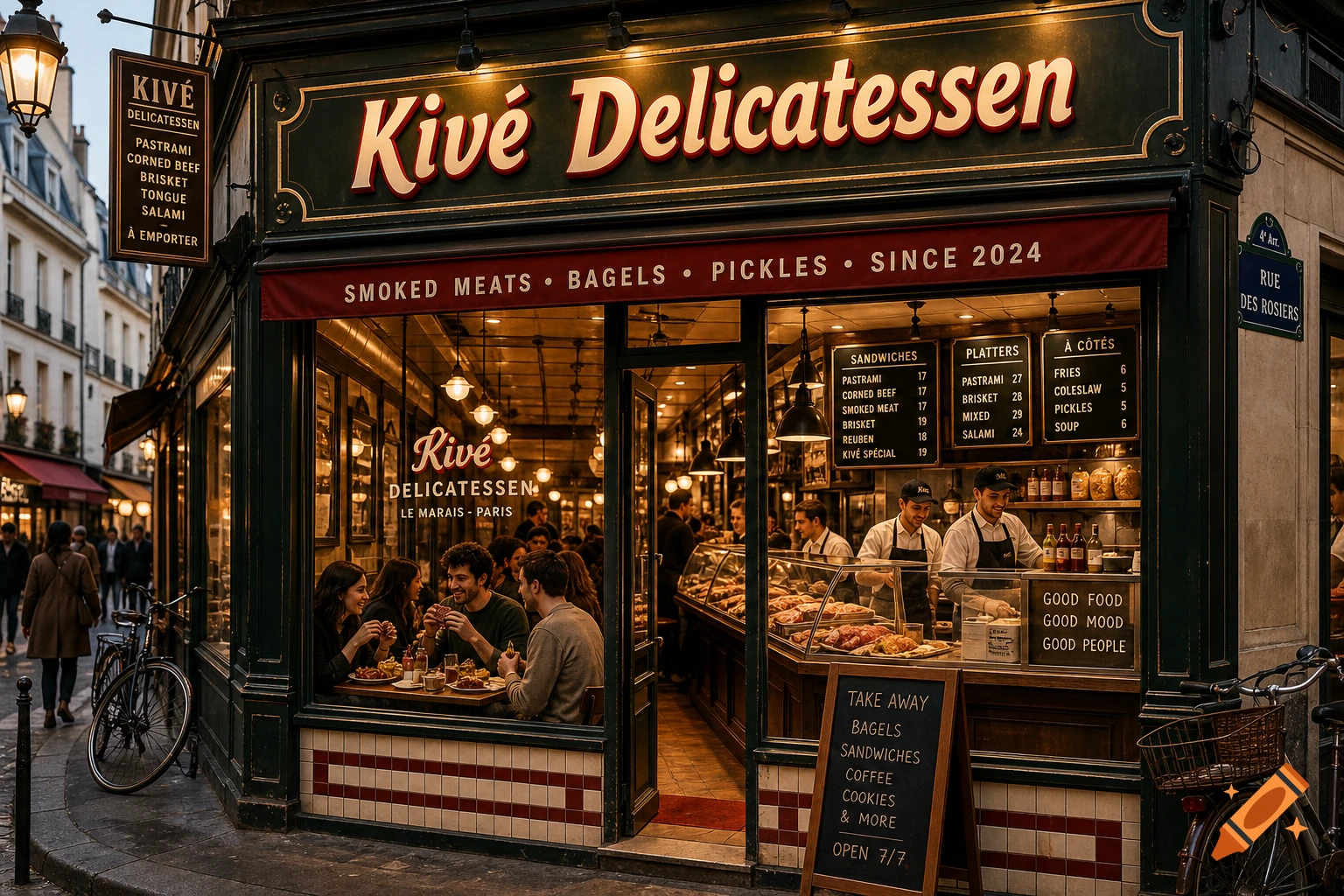 Photorealistic street-level view of a Parisian delicatessen named Kivé Delicatessen at night, with patrons dining inside and staff working behind the counter.
