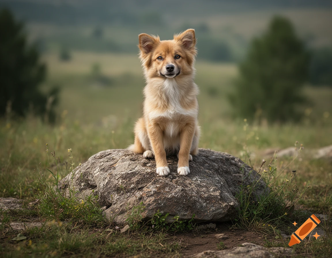 Photorealistic image of a cute brown and white dog sitting on a large rock in a grassy field.