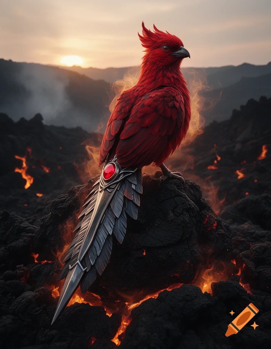 A photorealistic red firebird with a metal and ruby tail perches on a volcanic rock.