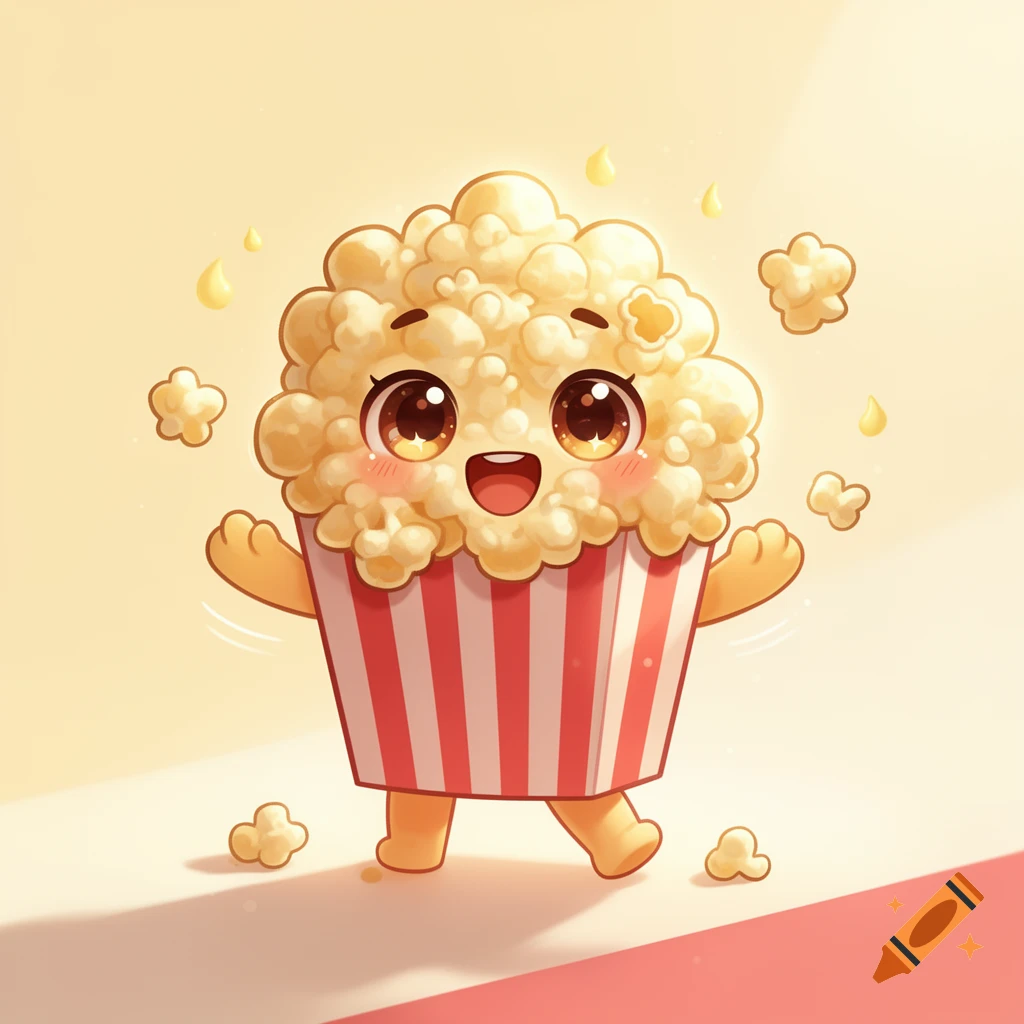 Digital illustration of a cute, energetic cartoon popcorn character with big happy eyes, a red and white striped bucket, and small limbs.