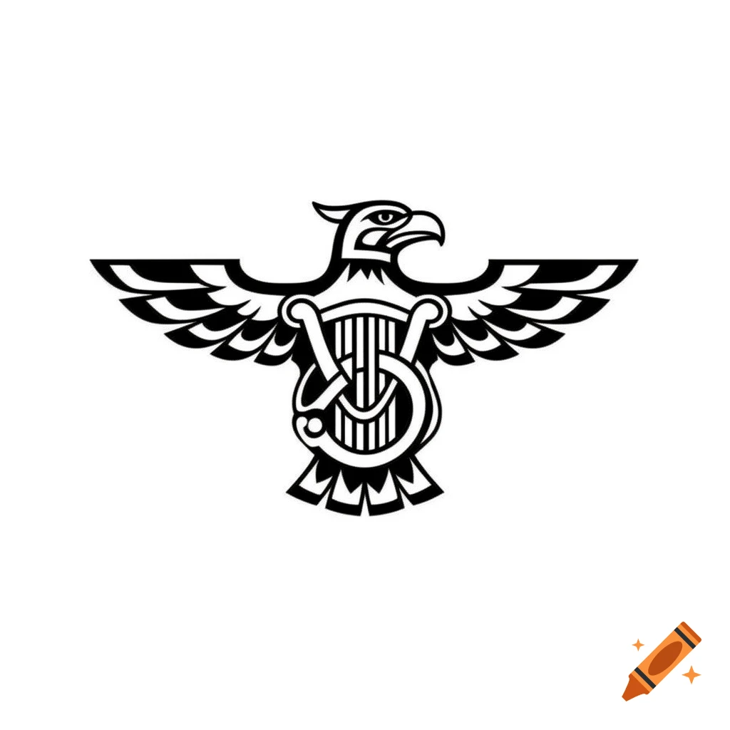 Black and white tattoo design of a thunderbird combined with a lyre symbol.