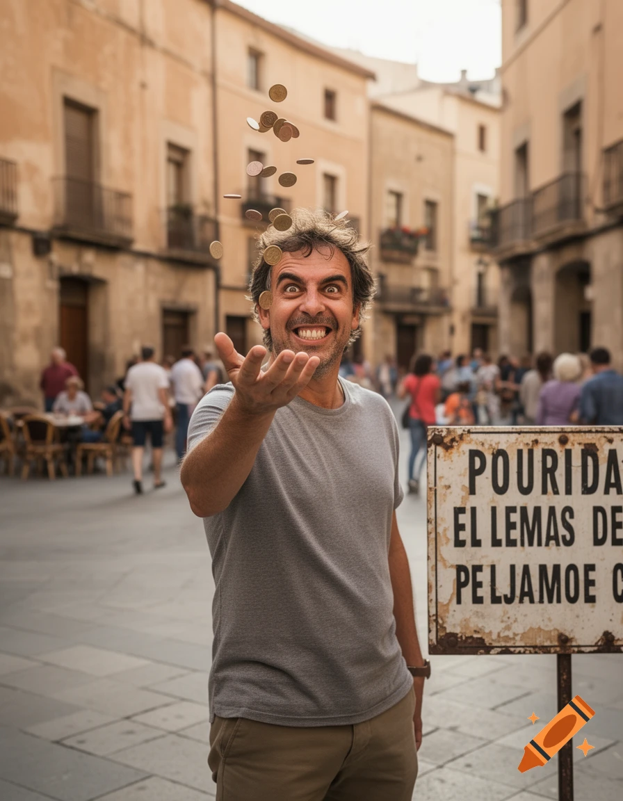 Photorealistic image of a grinning man in a European street throwing coins into the air, next to a weathered sign.