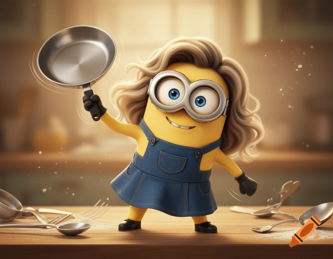 A 3D-rendered minion character with dark blonde wavy hair, blue eyes, and denim overalls, holding a frying pan in a kitchen.