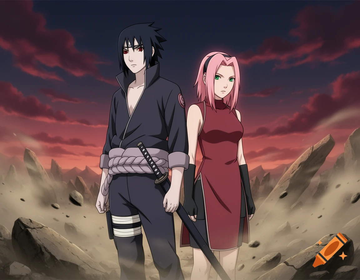 Anime style illustration of Sasuke Uchiha and Sakura Haruno standing amidst rocky ruins under a dramatic red sky.