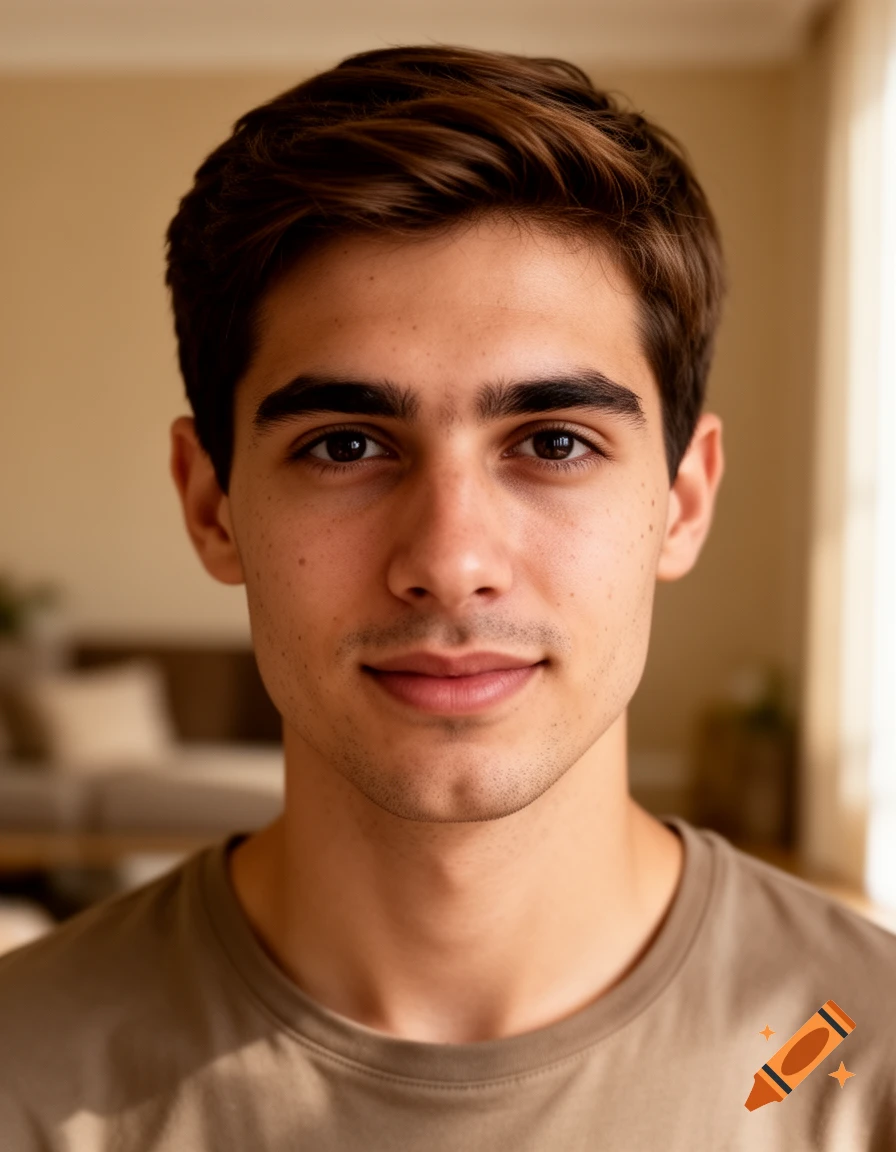 Close-up photorealistic portrait of a young man with short brown hair, dark eyes, and a slight stubble.
