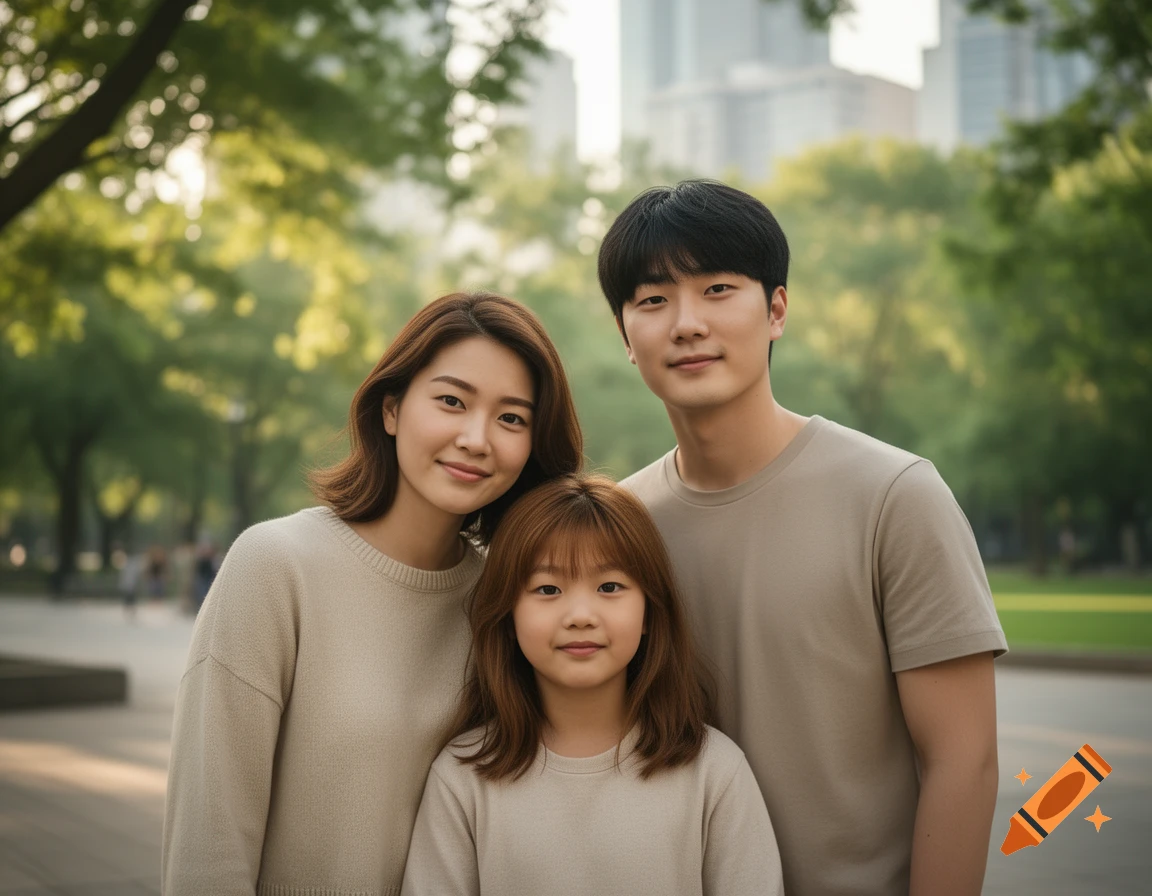 Photorealistic portrait of a young Asian family consisting of a mother, father, and daughter standing together outdoors in a park.