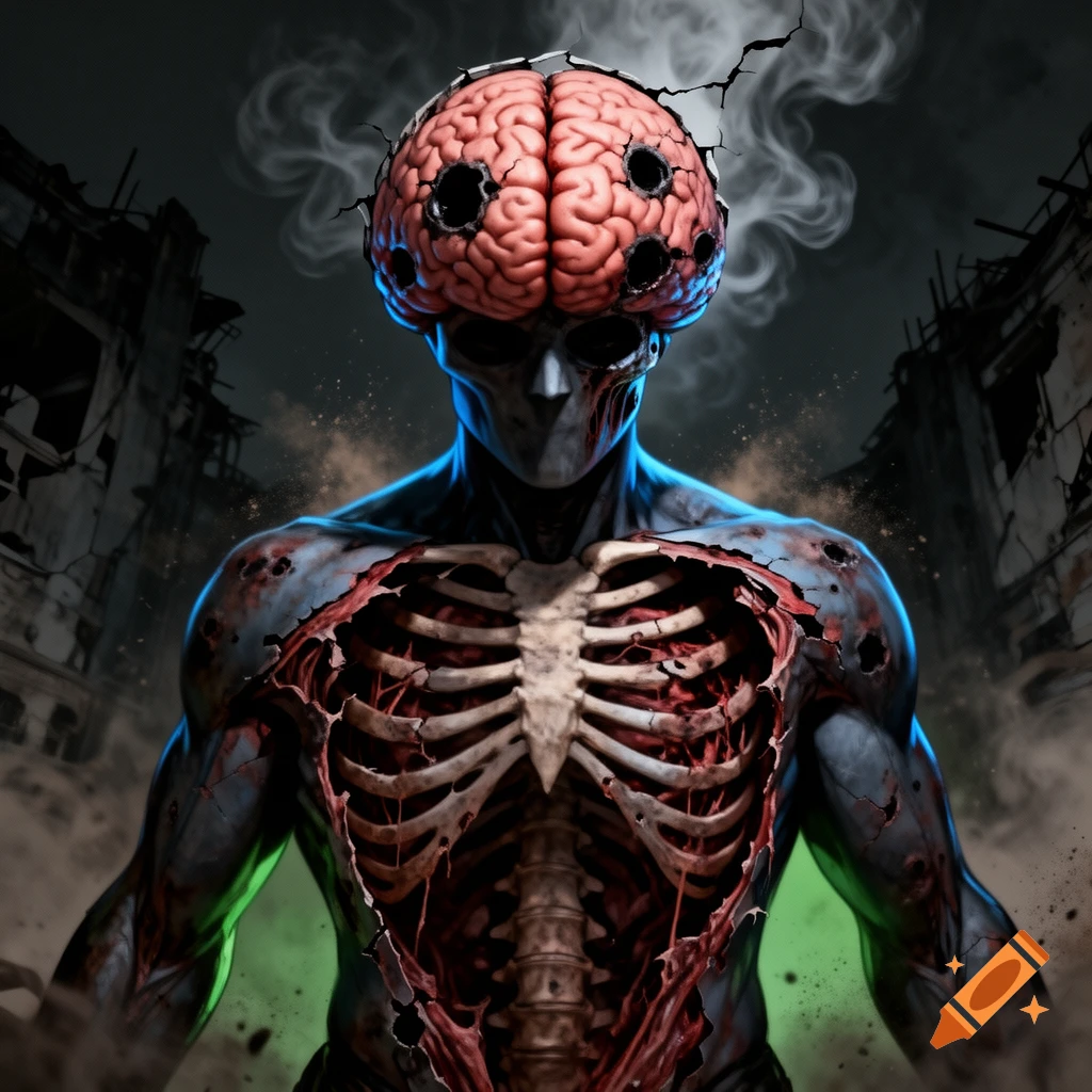 A dark, menacing humanoid figure with an exposed, bulging brain and a torn-open chest revealing a ribcage, set in a ruined city.