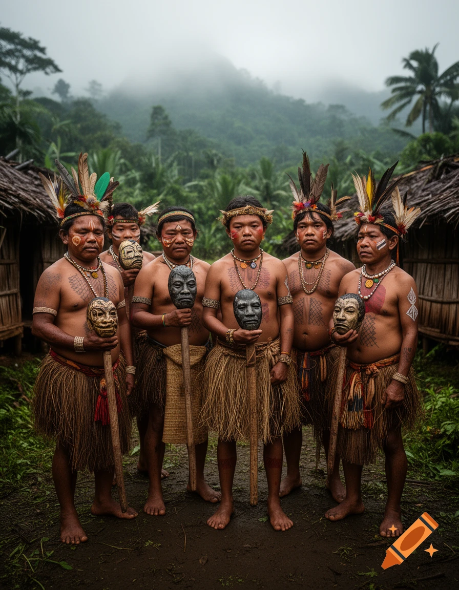 Photorealistic image of a group of indigenous men in traditional dress holding tribal artifacts in a jungle setting.