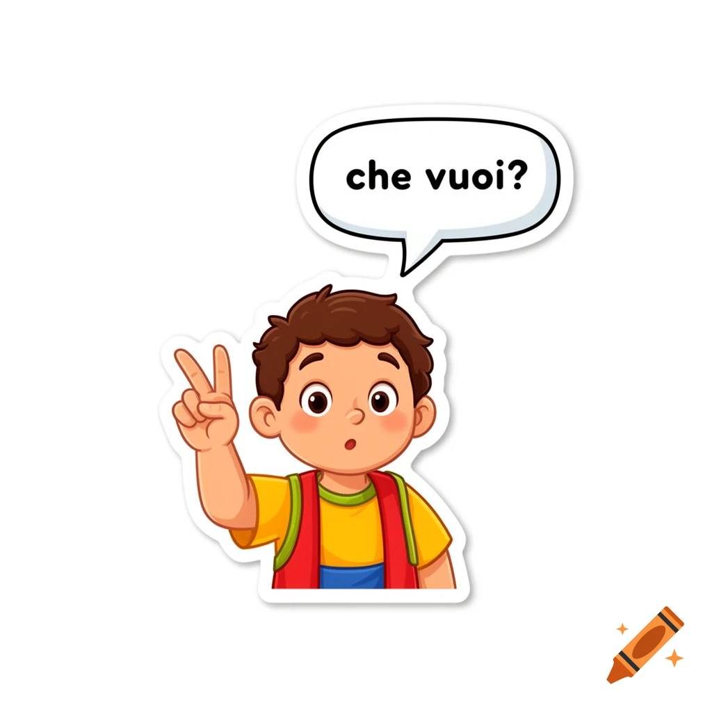 Cartoon sticker of a young boy with brown hair making a hand gesture, with a speech bubble saying 'che vuoi?'