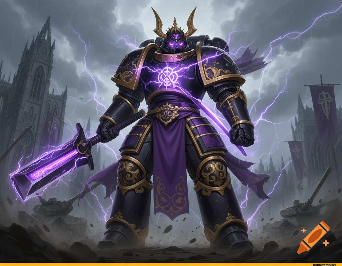 Digital illustration of a powerful Warhammer 40K space marine in purple and black armor with glowing purple lightning.