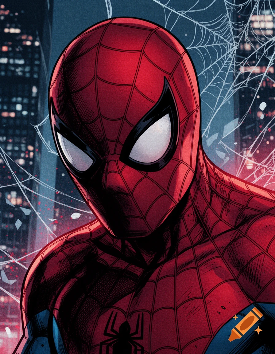 Close-up portrait of Spider-Man in a comic book art style against a city background with webs.