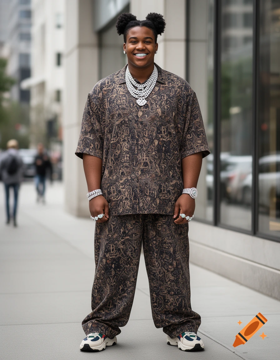 Full-length photorealistic portrait of a young Black male standing on a city sidewalk wearing a patterned shirt and pants set, heavy layered diamond chains, and an iced-out grill.
