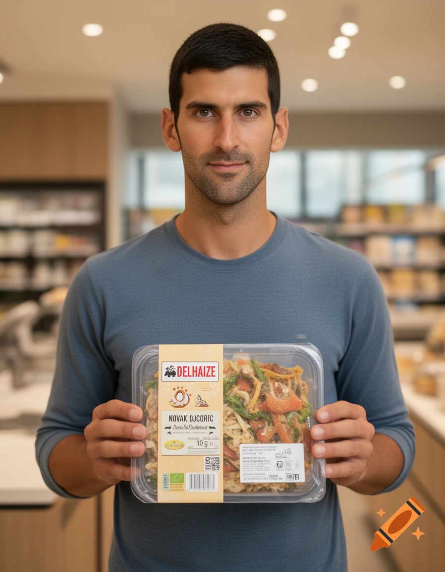 Photorealistic portrait of a man holding a packaged meal in a brightly lit store.