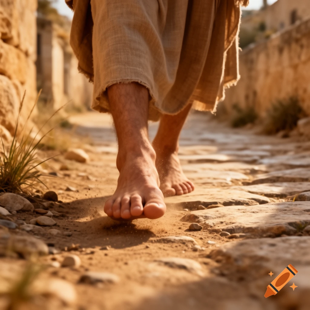 Close-up of bare feet walking on a stone path in a dusty ancient setting, with robe hem visible.