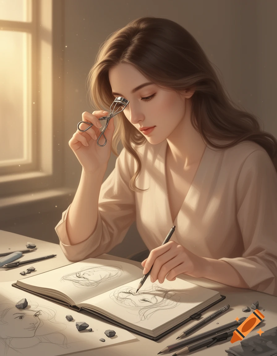 Digital illustration of a woman holding an eyelash curler while sketching a portrait in a notebook.