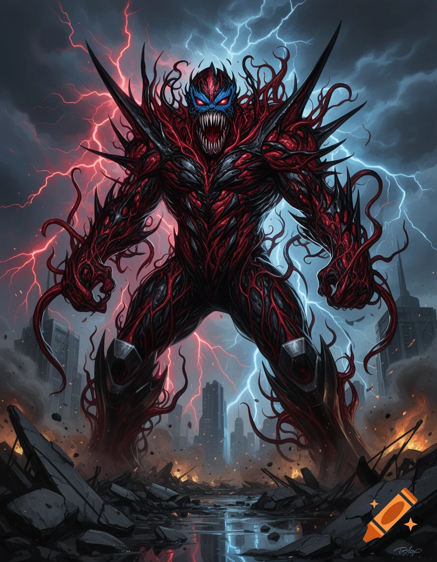 Comic book style illustration of Apocalypse fused with the Carnage symbiote standing amid ruins with lightning in the background.