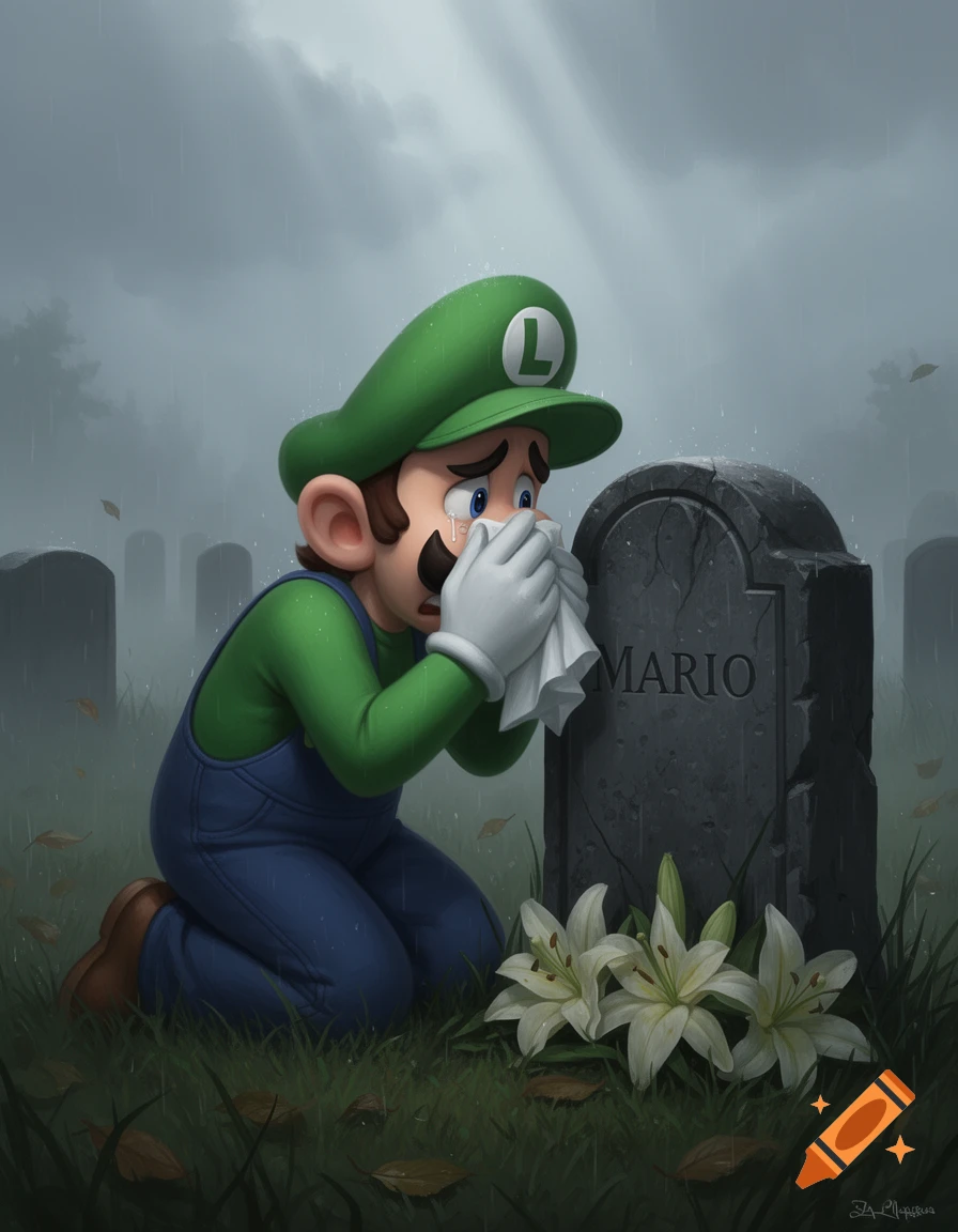 Digital illustration of Luigi crying and wiping tears with a tissue at Mario's grave in a rainy cemetery.