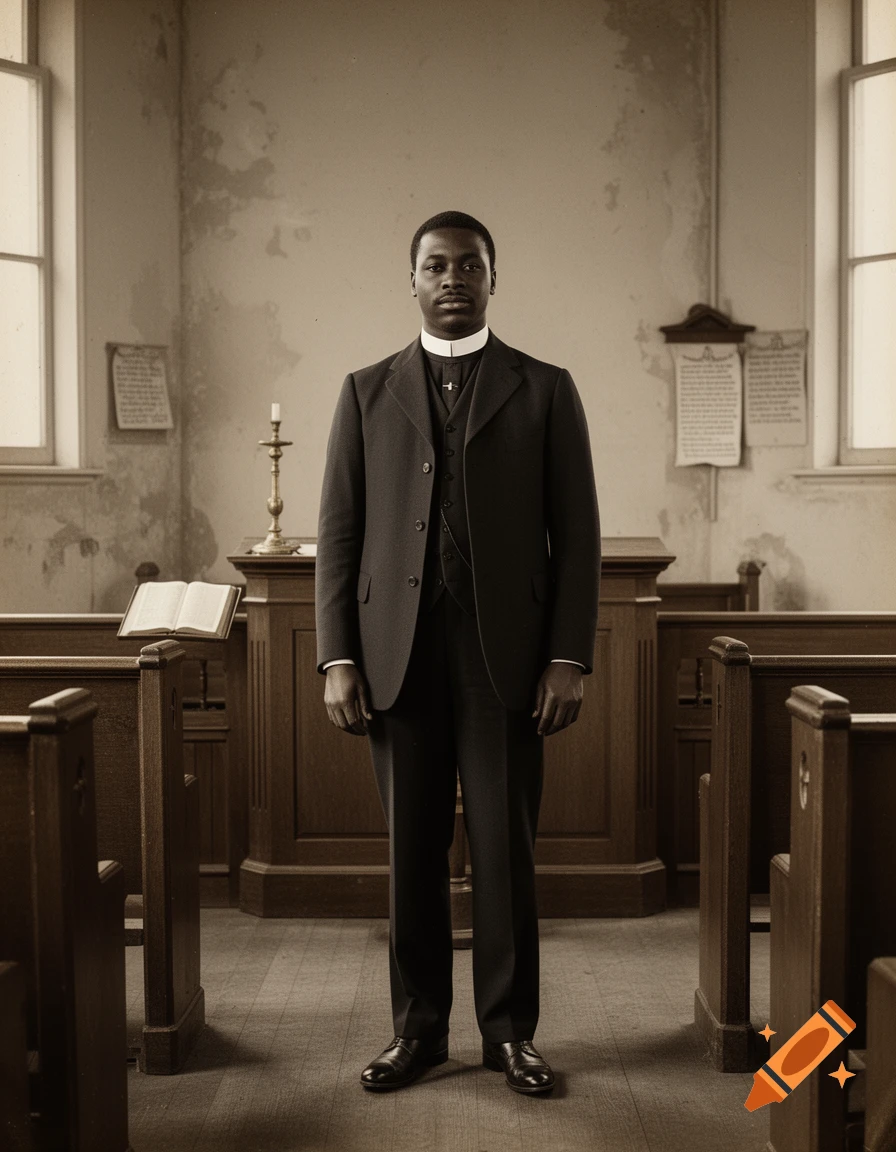 Sepia-toned historical photograph of a Black pastor standing in a 1900s church interior with pews and wooden pulpit.