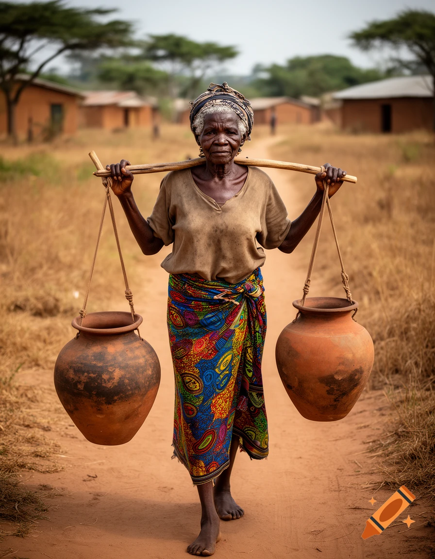 An elderly African woman carrying water jugs on a yoke along a dirt path in a rural village, photorealistic.