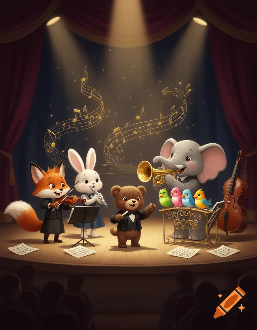 An adorable animal orchestra with a fox, rabbit, bear, and elephant playing musical instruments on a stage, digital illustration.