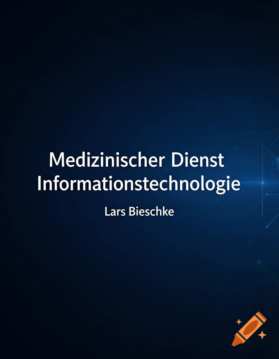 Dark blue background with white German text stating Medizinischer Dienst Informationstechnologie and Lars Bieschke.