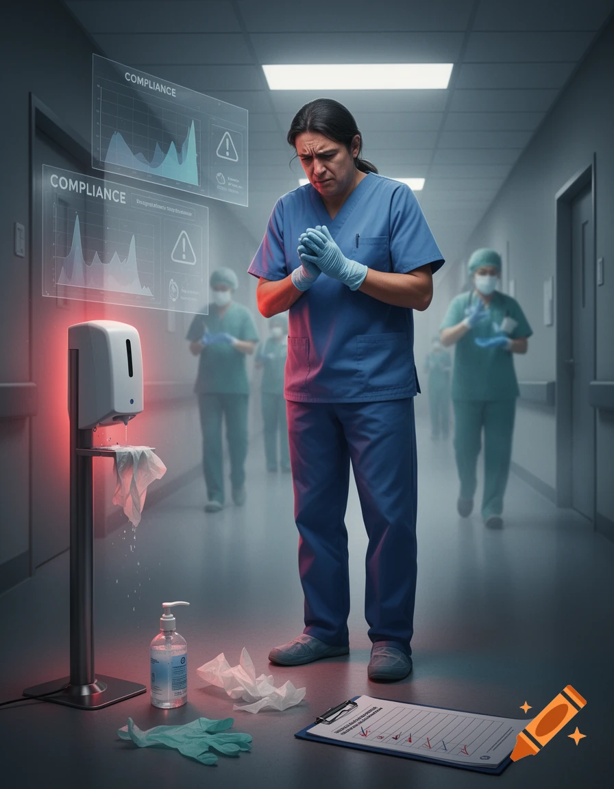 A frustrated healthcare worker standing in a hospital hallway with compliance charts and hygiene supplies around.