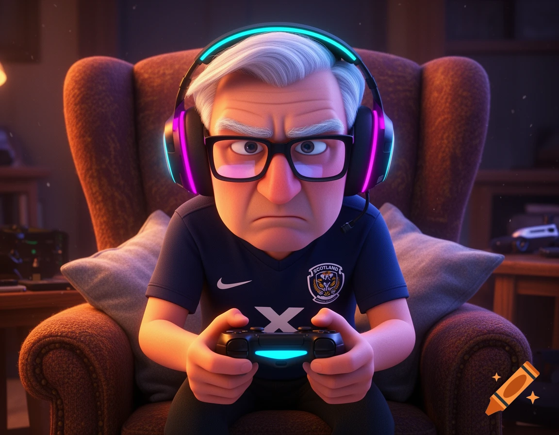 3D animated style of an elderly man with thick glasses and gaming headset, holding a controller, sitting in an armchair.