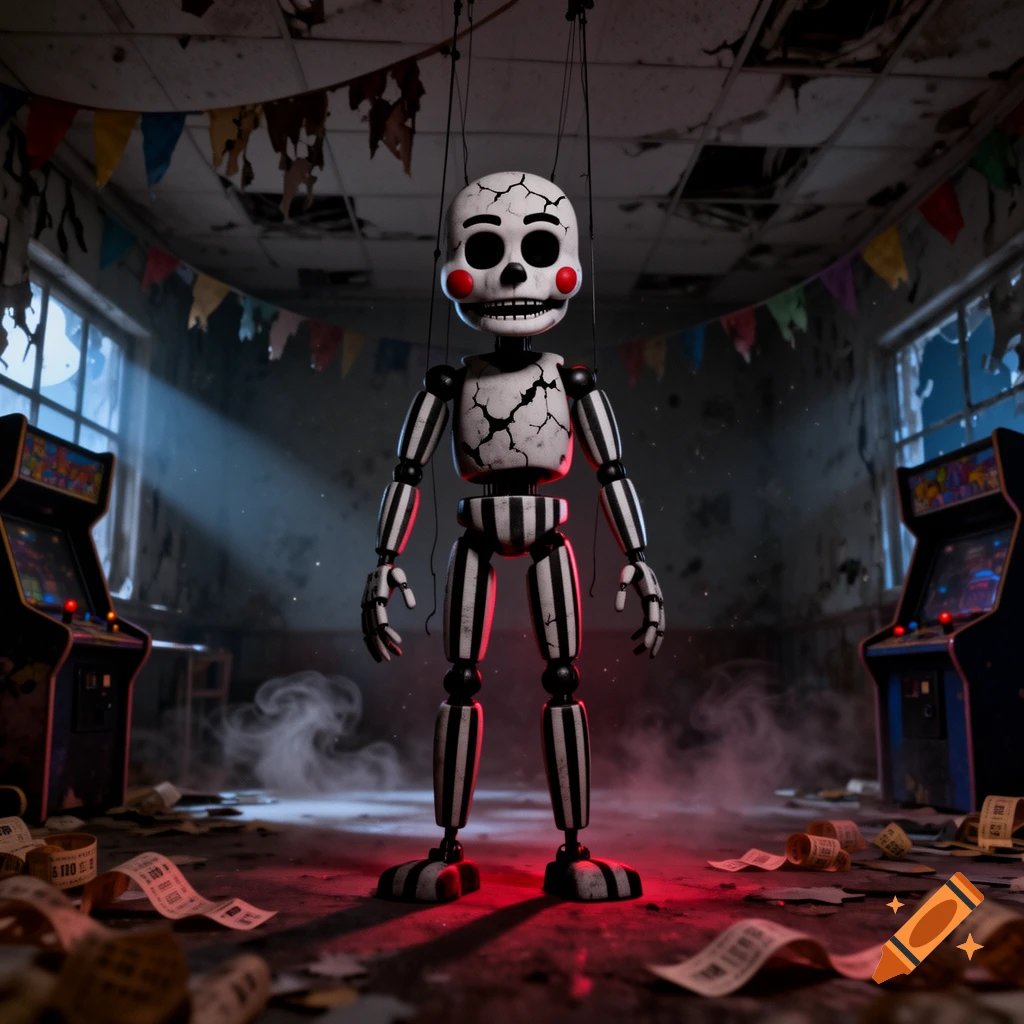 A stylized 3D render of the Puppet animatronic from Five Nights at Freddy's standing in a derelict arcade room.