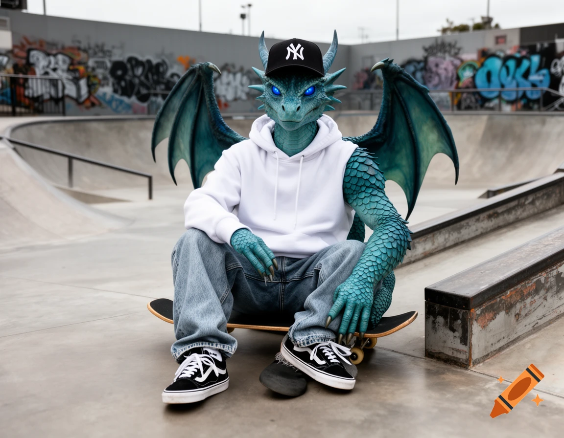 Photorealistic image of a blue-scaled dragon humanoid with glowing blue eyes, wearing a white hoodie and baseball cap, sitting on a skateboard in a skatepark.