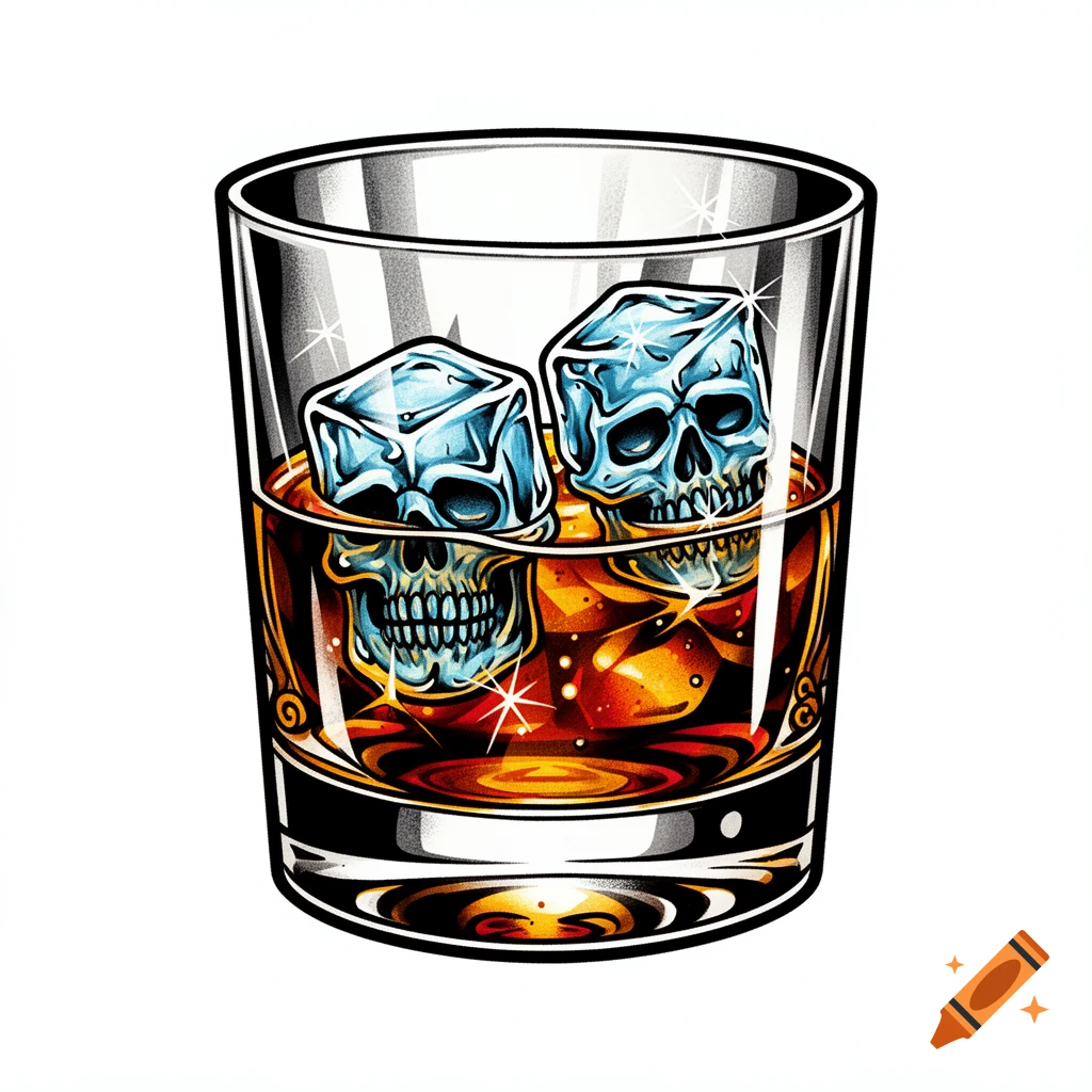 Traditional tattoo style illustration of a whiskey glass with amber liquid and two skull-shaped ice cubes.